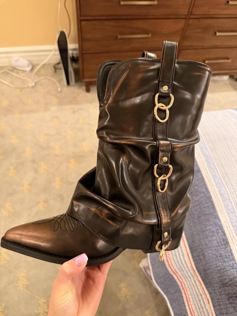 Women's Retro Gold Rubber Calf High and Pointed Toe Slouchy Riding Boots